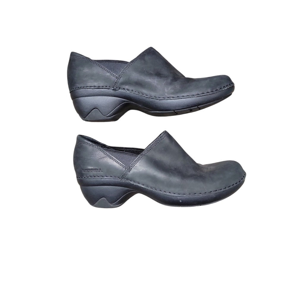 Merrell Emma Womens 9 Black‎ Leather Wedge Slip On Comfort Clogs